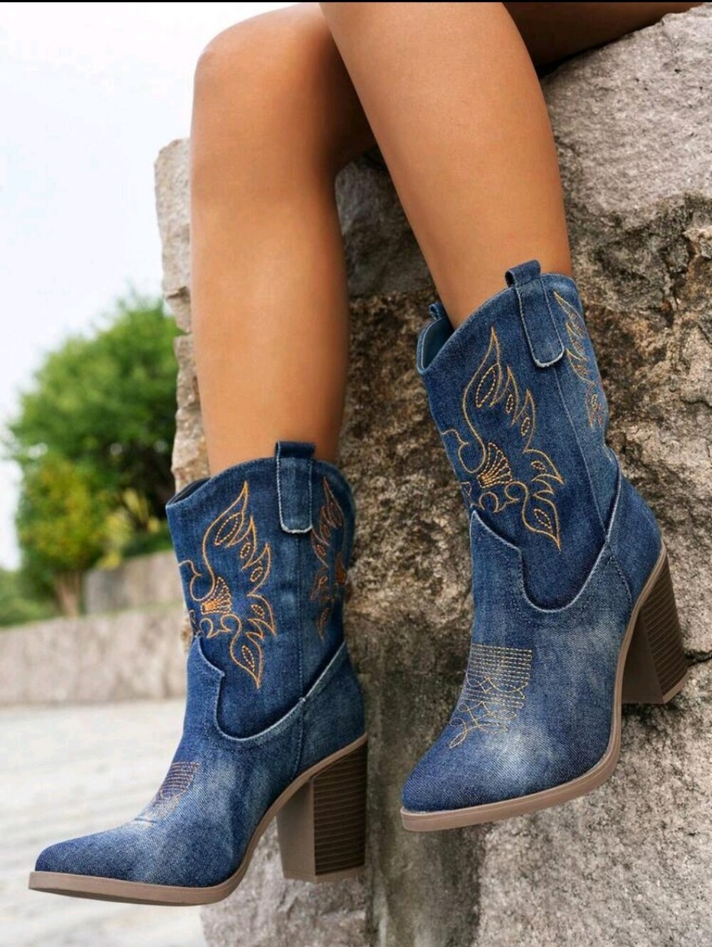 NEW Denim Western Mid-Calf Boots Embroidered Block Heel Sqauare Toe  Retro Boots